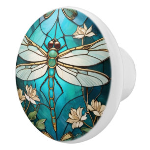 Dragonfly Art Nouveau Deco Aqua Blue Glas in lood Keramische Knop