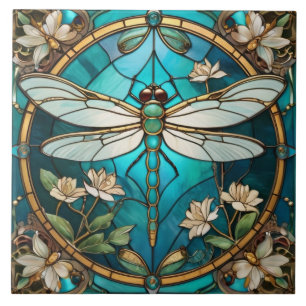 Dragonfly Art Nouveau Deco Aqua Blue Glas in lood Tegeltje