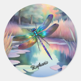 Dragonfly bij de vijver ronde sticker