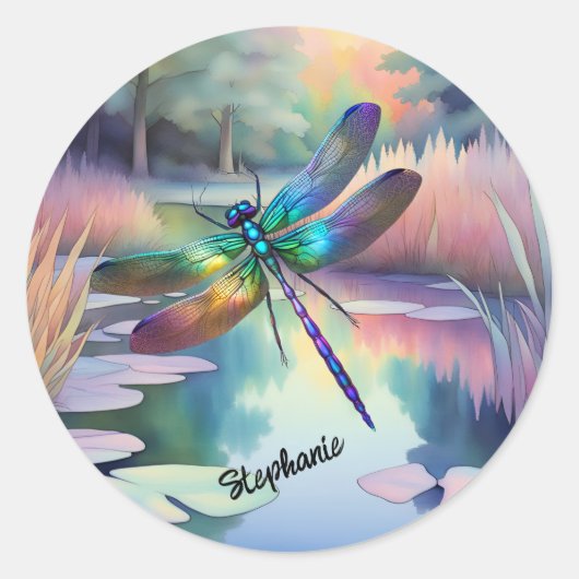 Dragonfly bij de vijver ronde sticker (Voorkant)