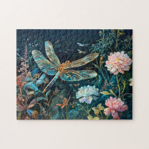 Dragonfly bij nacht in een tuin met pioenen en gr legpuzzel
