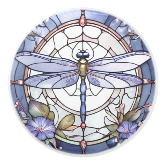 Dragonfly Blauw en Wit Glas in lood Bloem Keramische Knop (Voorkant)