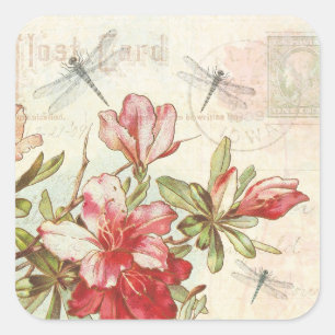 Dragonfly  Bloemen Rode Bloemen Azalea's Vierkante Sticker