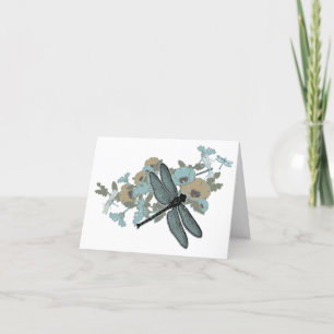 Dragonfly Chic Stylish Flowers Blues Grey Gold Bedankkaart