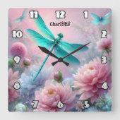 Dragonfly Dreams: Bloemrijk, etherisch, pastel Vierkante Klok (Voorkant)