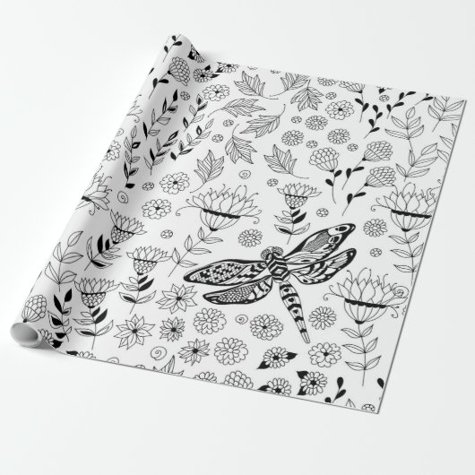 Dragonfly en bloemen cadeaupapier (Uitgerold)