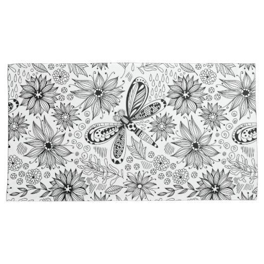 Dragonfly en bloemen kussensloop (Voorkant-Rechts)