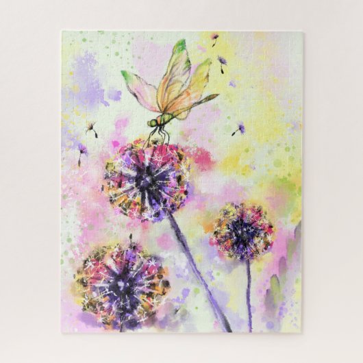 Dragonfly en Dandelions - Waterverf schilderen  Legpuzzel (Verticaal)