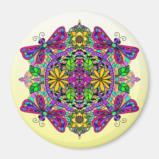 Dragonfly en Flowers Mandala Magnet Magneet (Voorkant)