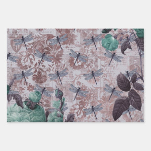 Dragonfly en Paarse Floral Newsprint Inpakpapier Vel