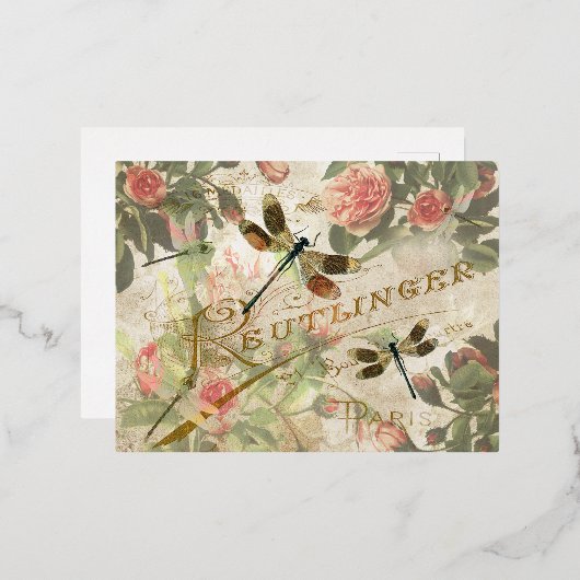 dragonfly en Rozen Folie Feestdagen Briefkaart (Voorkant / Achterkant)