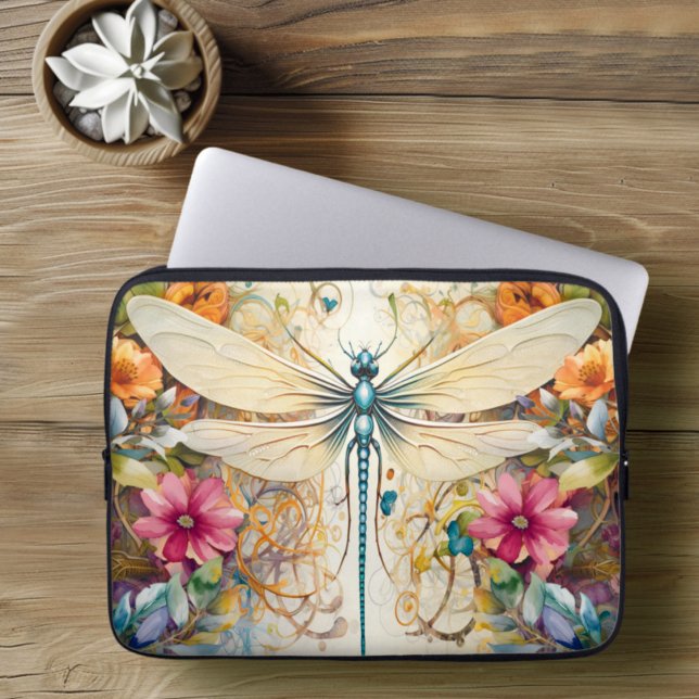 Dragonfly en wilde bloemen laptop sleeve (Creator heeft geüpload)