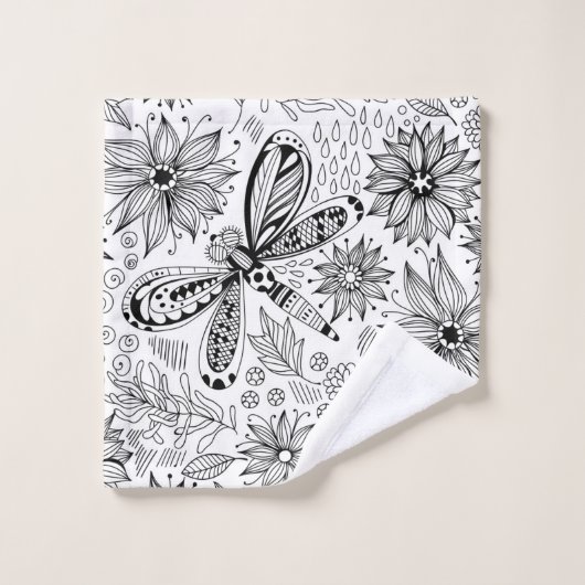Dragonfly et doodle de fleurs (Gant de toilette)