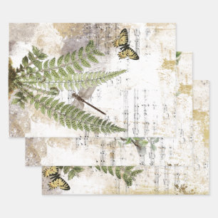 Dragonfly Fern Butterfly Bird Music Gold Decoupage Inpakpapier Vel