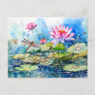 Dragonfly flying through pink water lilies feestdagenkaart