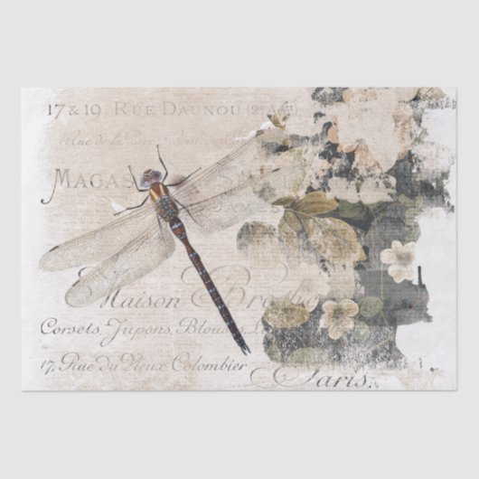 Dragonfly Frans Script Shabby Floral Decoupage Tissuepapier (Voorkant)