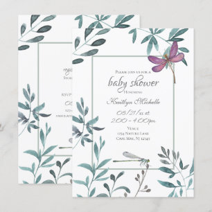 Dragonfly Garden Greenery op White Baby shower Kaart