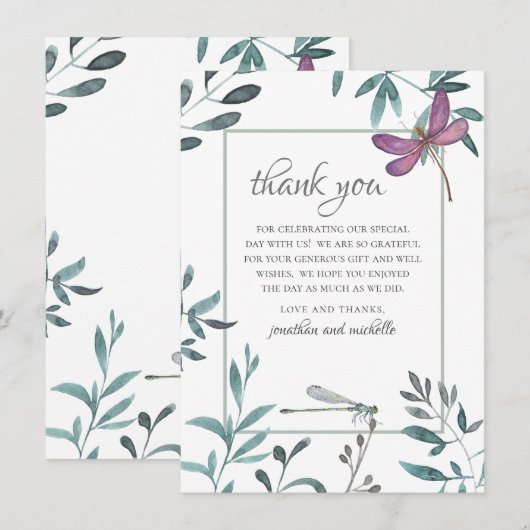  Dragonfly Garden Greenery op White Wedding Bedankkaart (Voorkant / Achterkant)