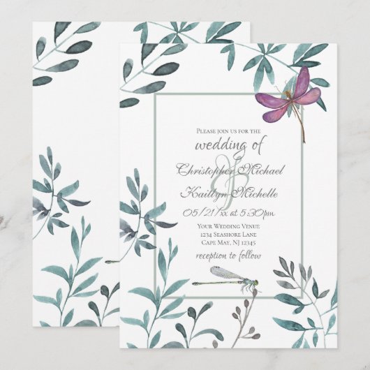  Dragonfly Garden Greenery op White Wedding Kaart (Voorkant / Achterkant)