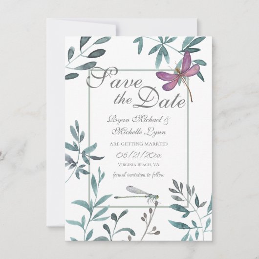Dragonfly Garden Greenery op White Wedding Save The Date (Voorkant)