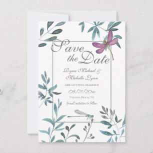  Dragonfly Garden Greenery op White Wedding Save The Date