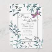 Dragonfly Garden Greenery op White Wedding Save The Date (Voorkant / Achterkant)