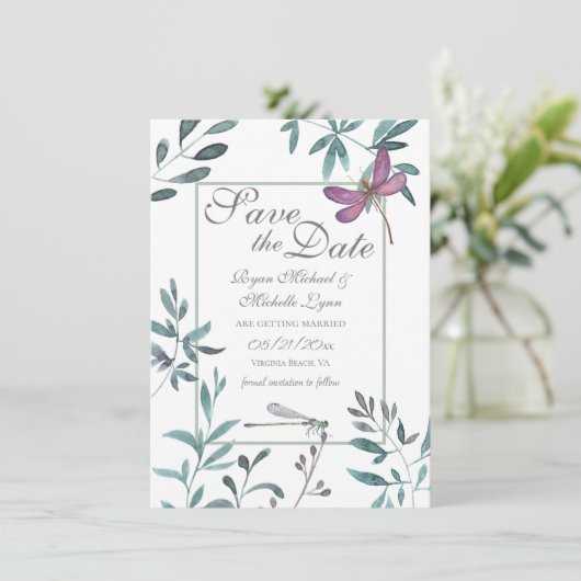 Dragonfly Garden Greenery op White Wedding Save The Date (Staand voorkant)
