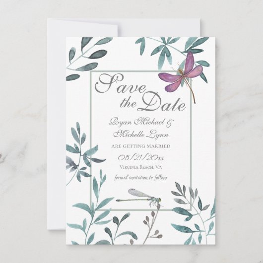 Dragonfly Garden Greenery op White Wedding Save The Date (Voorkant)