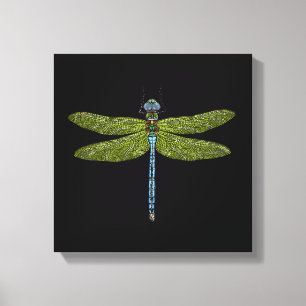 Dragonfly-illustratie op zwarte achtergrond canvas afdruk