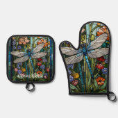 Dragonfly kunst boho bloemen botanische vlek glas ovenwant & pannenlap set (Voorkant)