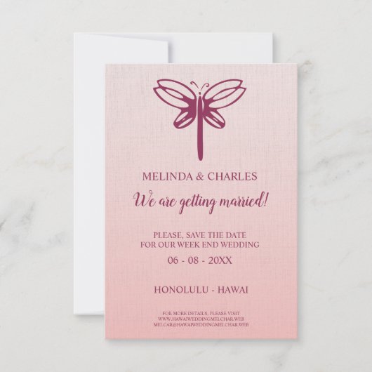 Dragonfly Logo in Burgundy on Gradient for Wedding Save The Date (Voorkant)