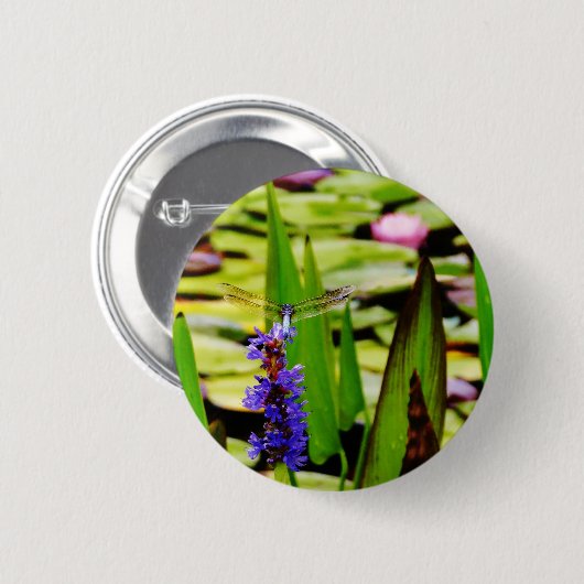 Dragonfly lotus en paarse bloem ronde button 5,7 cm (Voorkant /achterkant)