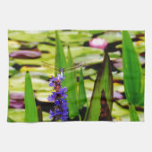 Dragonfly lotus en paarse bloem theedoek (Horizontaal)