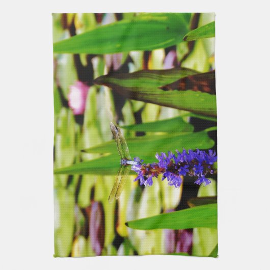Dragonfly lotus en paarse bloem theedoek (Verticaal)