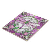 Dragonfly Magenta Roze en Wit Glas in lood Tegeltje (Zijkant)