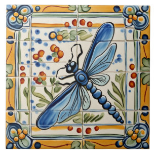 Dragonfly Mediterraans Insect Geel & Blauw Folk Tegeltje