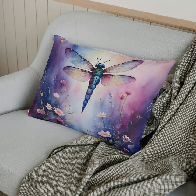 Dragonfly met Flowers Paarse Waterverf Kussen (Creator heeft geüpload)