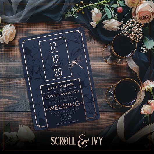 Dragonfly & Moderne Blue Floral Foil Invitation