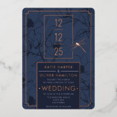 Dragonfly & Moderne Blue Floral Foil Invitation (Recto)