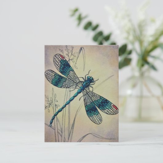 dragonfly No. 2 Grass Waterverf Art Postc Briefkaart (Staand voorkant)