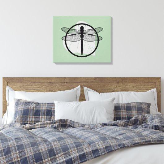 Dragonfly on Leaf Drawing - Wildlife Circle Series Canvas Afdruk (Insitu (Slaapkamer))
