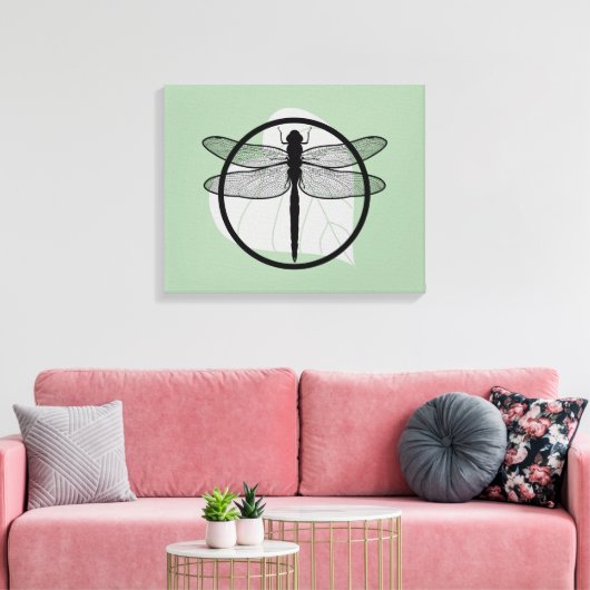 Dragonfly on Leaf Drawing - Wildlife Circle Series Canvas Afdruk (Insitu (Woonkamer))