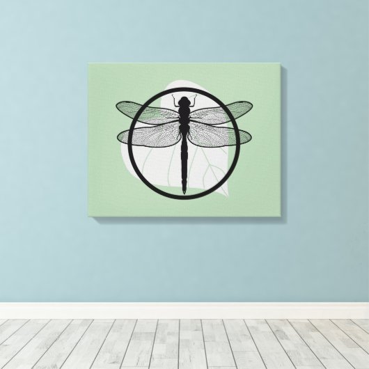 Dragonfly on Leaf Drawing - Wildlife Circle Series Canvas Afdruk (Insitu (Houten vloer))