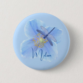 Dragonfly op Blue Poppy-knop Ronde Button 5,7 Cm