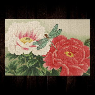 Dragonfly op botanische japanse pioenen legpuzzel