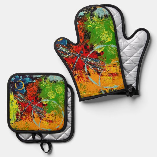 Dragonfly Oven Mitt en Pot Houders Ovenwant & Pannenlap Set (Voorkant / Achterkant)
