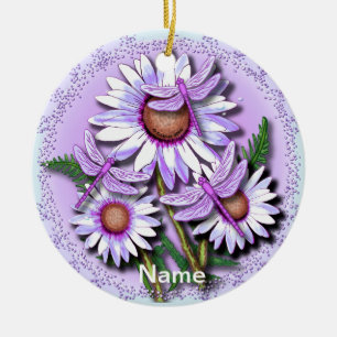 Dragonfly Paarse Daisies Keramisch Ornament