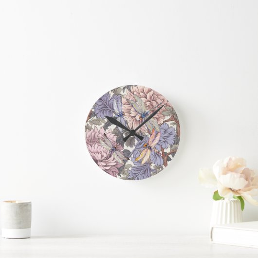 Dragonfly Peony Roze Licht Paarse Franse Bloemen Ronde Klok (Huis)