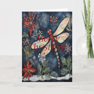 Dragonfly Poinsettia Berries Blue Christmas Kaart