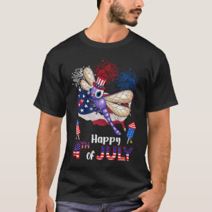 Dragonfly Proud American Flag Fireworks Happy 4th T-shirt